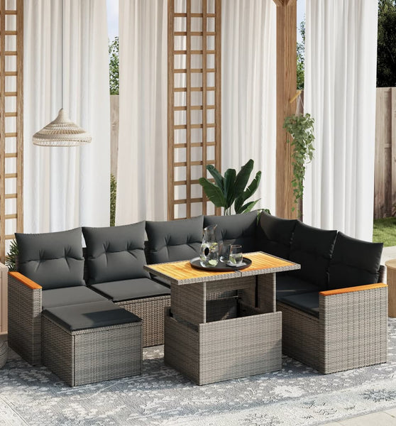 8-tlg. Garten-Sofagarnitur mit Kissen Grau Poly Rattan