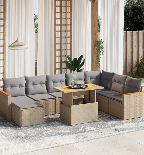 9-tlg. Garten-Sofagarnitur mit Kissen Beige Poly Rattan