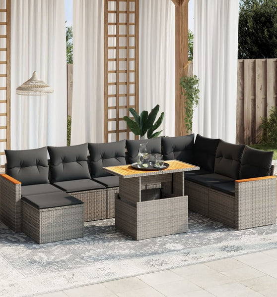 9-tlg. Garten-Sofagarnitur mit Kissen Grau Poly Rattan