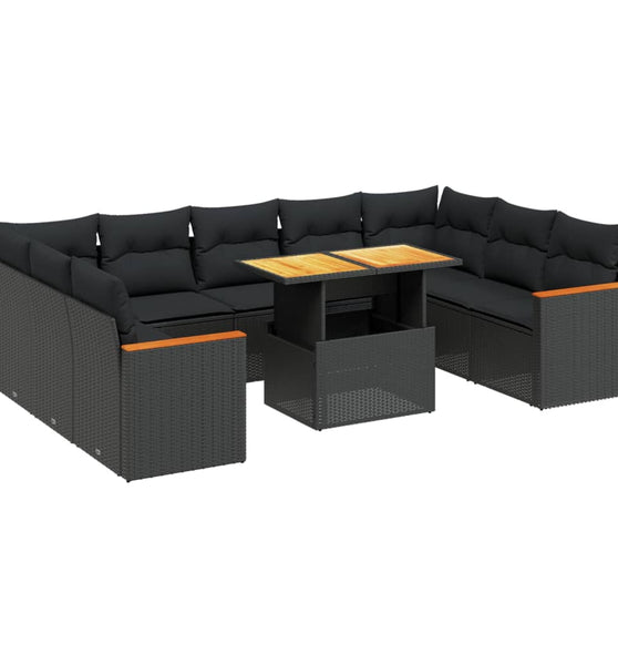 10-tlg. Garten-Sofagarnitur mit Kissen Schwarz Poly Rattan