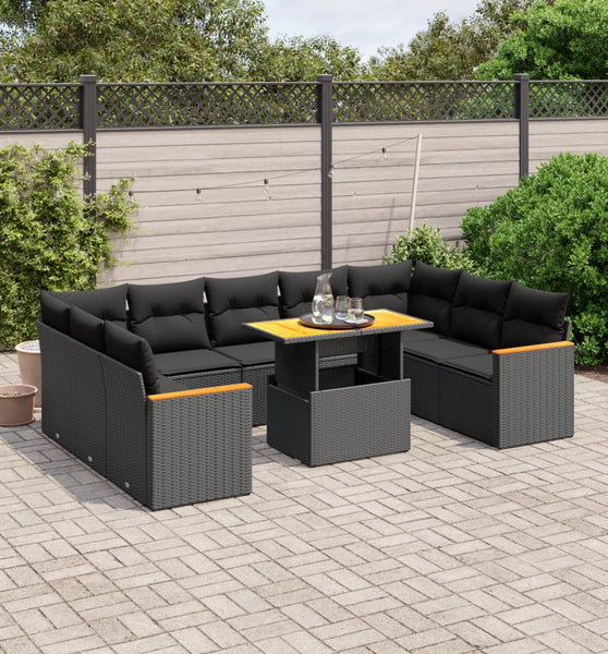 10-tlg. Garten-Sofagarnitur mit Kissen Schwarz Poly Rattan