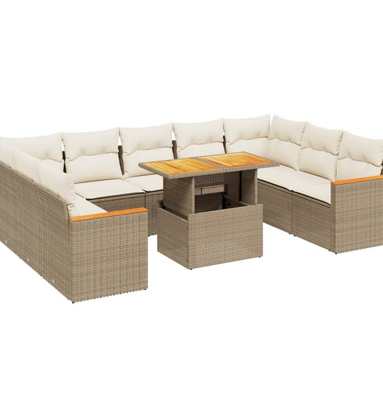 10-tlg. Garten-Sofagarnitur mit Kissen Beige Poly Rattan