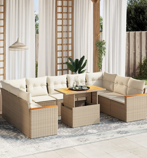 10-tlg. Garten-Sofagarnitur mit Kissen Beige Poly Rattan