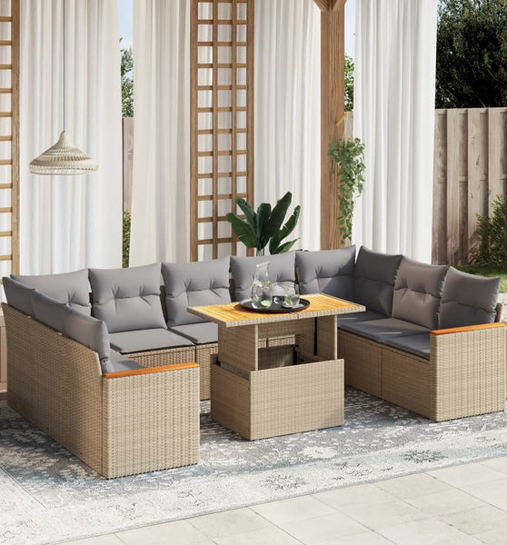 10-tlg. Garten-Sofagarnitur mit Kissen Beige Poly Rattan
