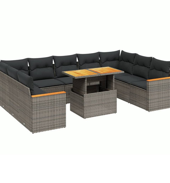 10-tlg. Garten-Sofagarnitur mit Kissen Grau Poly Rattan