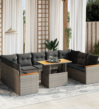 10-tlg. Garten-Sofagarnitur mit Kissen Grau Poly Rattan