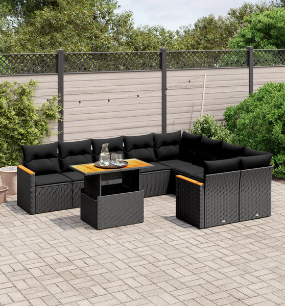 10-tlg. Garten-Sofagarnitur mit Kissen Schwarz Poly Rattan