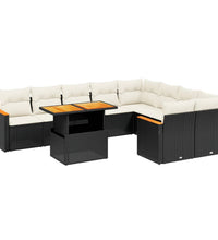 10-tlg. Garten-Sofagarnitur mit Kissen Schwarz Poly Rattan