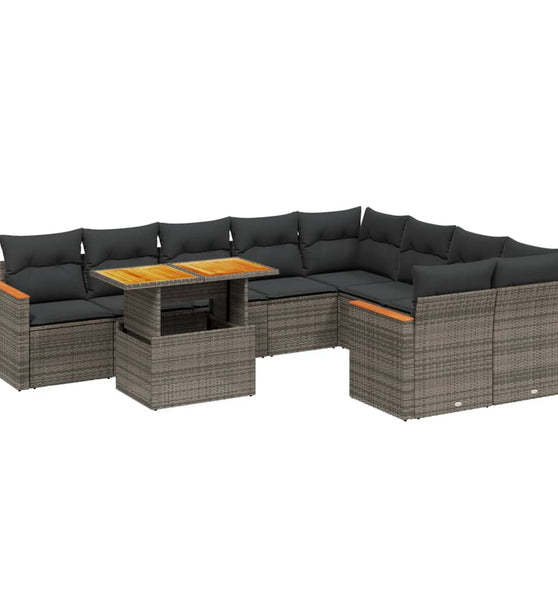 10-tlg. Garten-Sofagarnitur mit Kissen Grau Poly Rattan