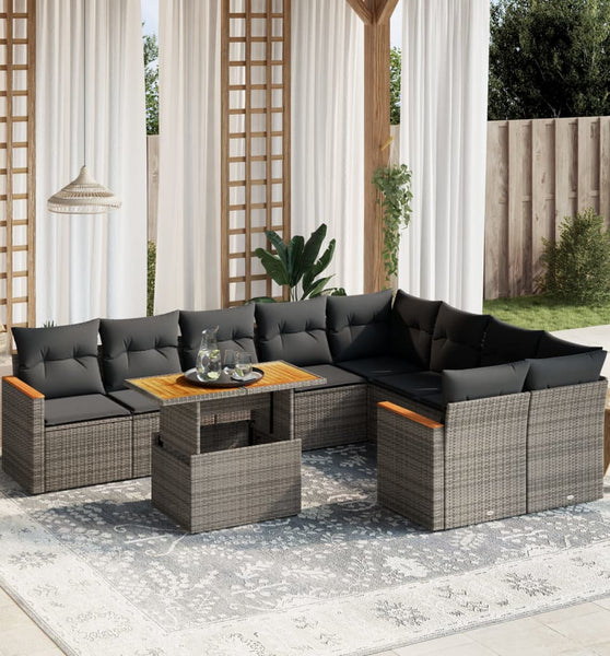10-tlg. Garten-Sofagarnitur mit Kissen Grau Poly Rattan