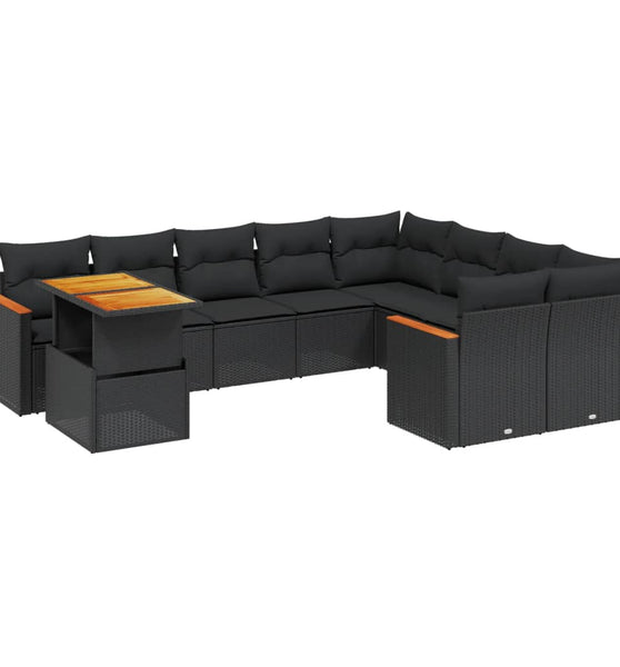 10-tlg. Garten-Sofagarnitur mit Kissen Schwarz Poly Rattan