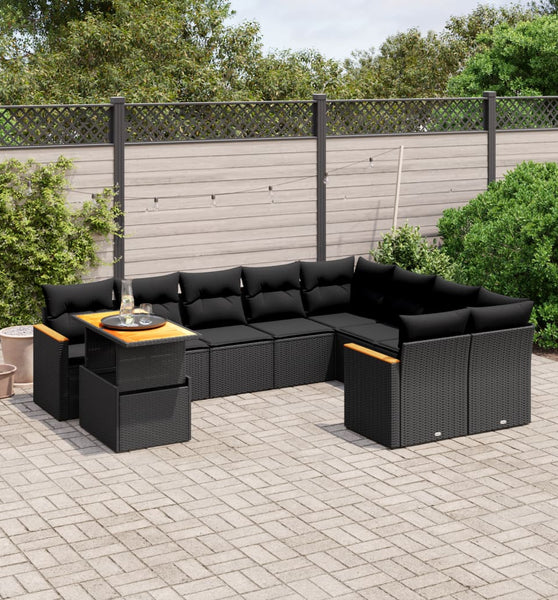 10-tlg. Garten-Sofagarnitur mit Kissen Schwarz Poly Rattan