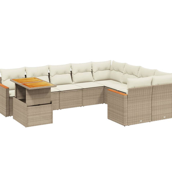 10-tlg. Garten-Sofagarnitur mit Kissen Beige Poly Rattan