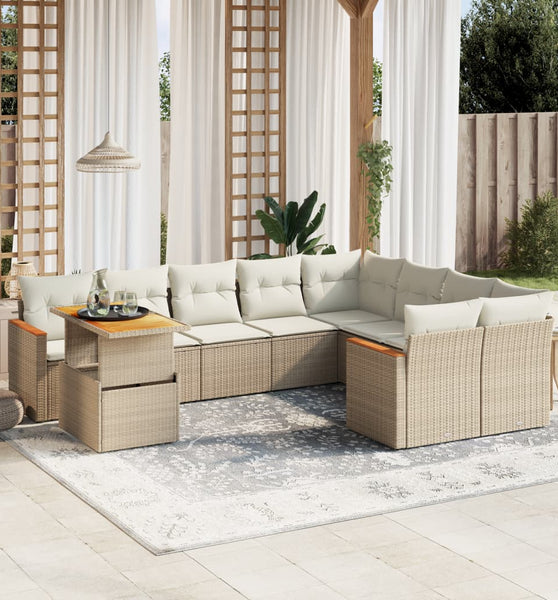 10-tlg. Garten-Sofagarnitur mit Kissen Beige Poly Rattan
