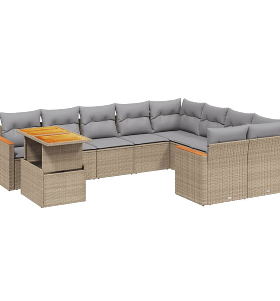 10-tlg. Garten-Sofagarnitur mit Kissen Beige Poly Rattan
