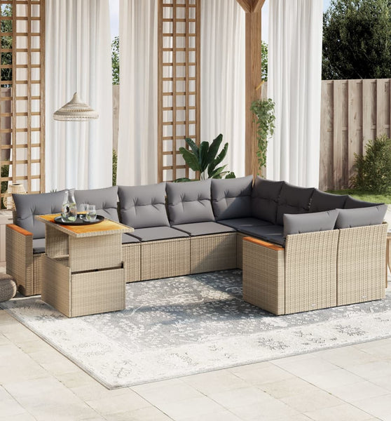 10-tlg. Garten-Sofagarnitur mit Kissen Beige Poly Rattan