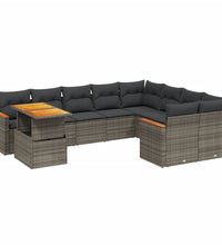 10-tlg. Garten-Sofagarnitur mit Kissen Grau Poly Rattan