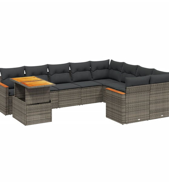 10-tlg. Garten-Sofagarnitur mit Kissen Grau Poly Rattan