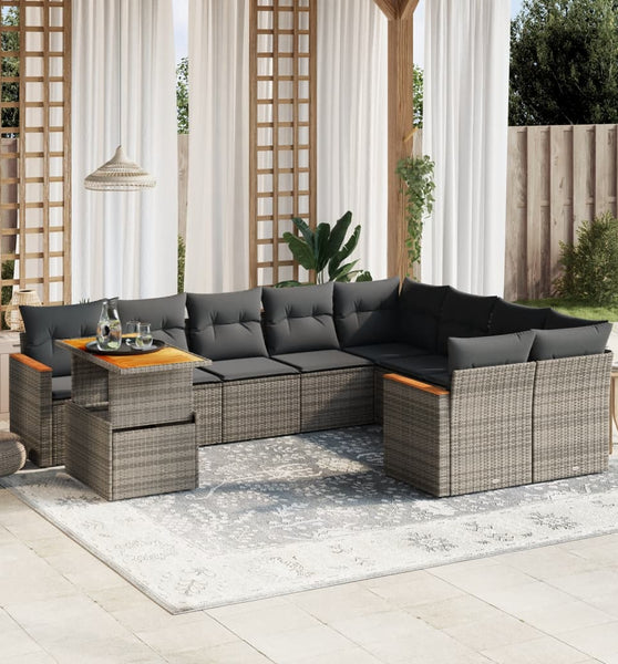 10-tlg. Garten-Sofagarnitur mit Kissen Grau Poly Rattan
