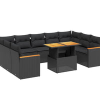 11-tlg. Garten-Sofagarnitur mit Kissen Schwarz Poly Rattan