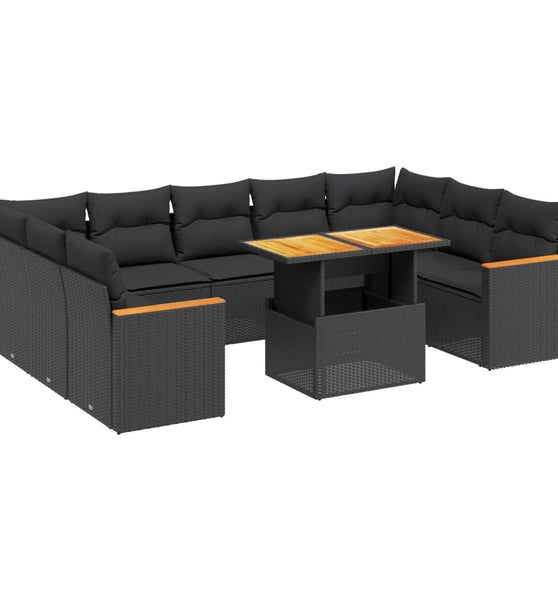 11-tlg. Garten-Sofagarnitur mit Kissen Schwarz Poly Rattan