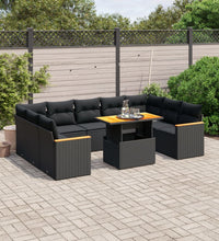 11-tlg. Garten-Sofagarnitur mit Kissen Schwarz Poly Rattan