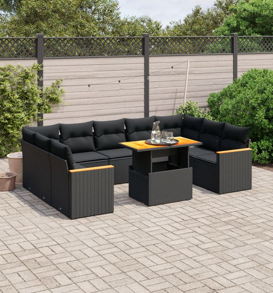 11-tlg. Garten-Sofagarnitur mit Kissen Schwarz Poly Rattan