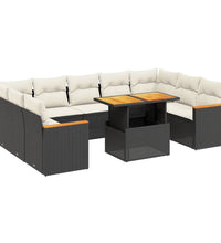 11-tlg. Garten-Sofagarnitur mit Kissen Schwarz Poly Rattan