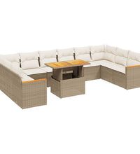 11-tlg. Garten-Sofagarnitur mit Kissen Beige Poly Rattan