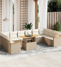 11-tlg. Garten-Sofagarnitur mit Kissen Beige Poly Rattan