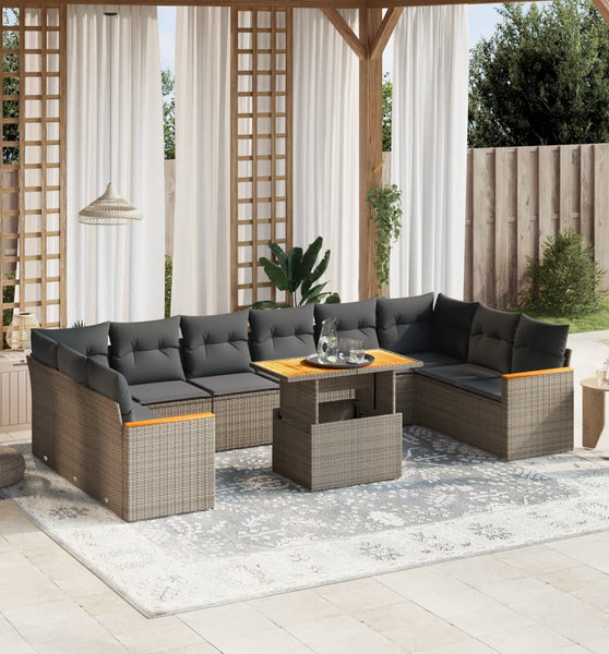 11-tlg. Garten-Sofagarnitur mit Kissen Grau Poly Rattan