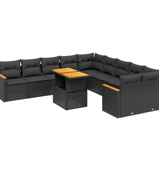 11-tlg. Garten-Sofagarnitur mit Kissen Schwarz Poly Rattan