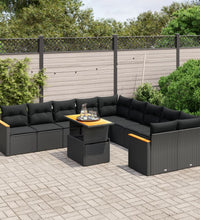 11-tlg. Garten-Sofagarnitur mit Kissen Schwarz Poly Rattan