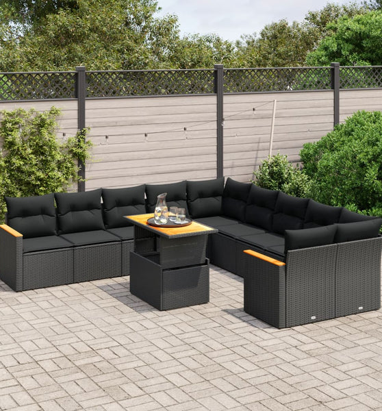 11-tlg. Garten-Sofagarnitur mit Kissen Schwarz Poly Rattan