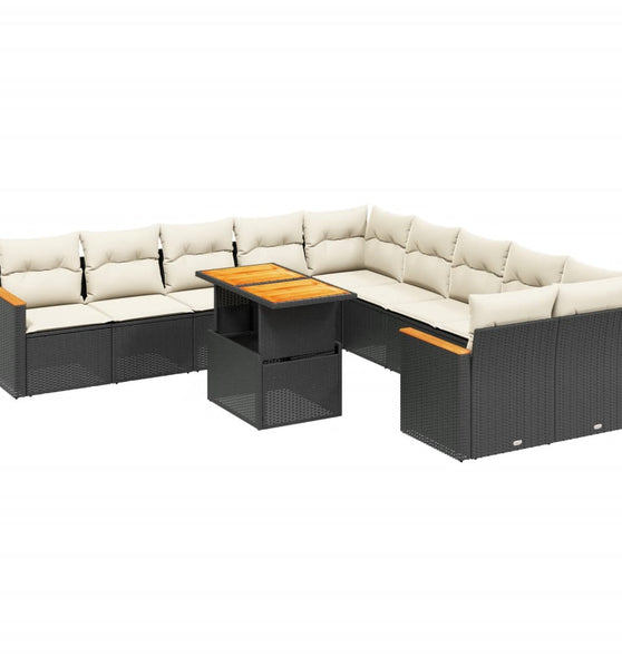 11-tlg. Garten-Sofagarnitur mit Kissen Schwarz Poly Rattan