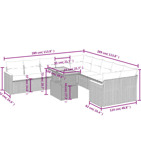 11-tlg. Garten-Sofagarnitur mit Kissen Schwarz Poly Rattan