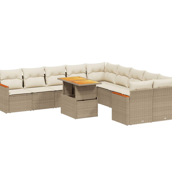 11-tlg. Garten-Sofagarnitur mit Kissen Beige Poly Rattan