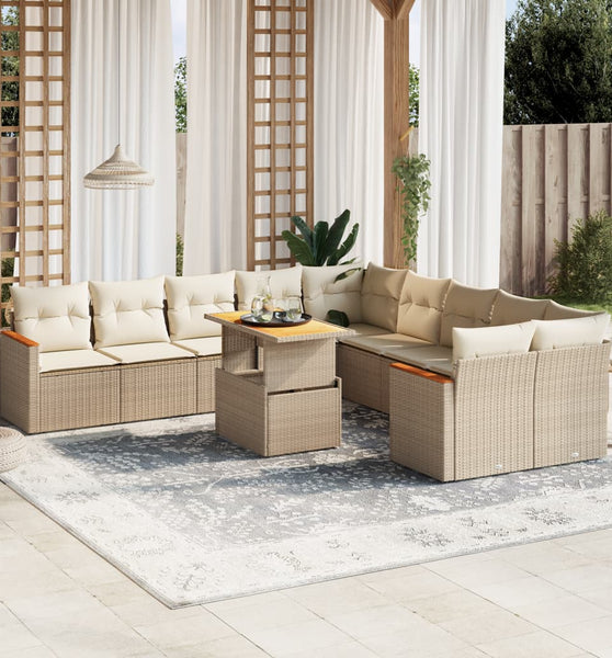 11-tlg. Garten-Sofagarnitur mit Kissen Beige Poly Rattan