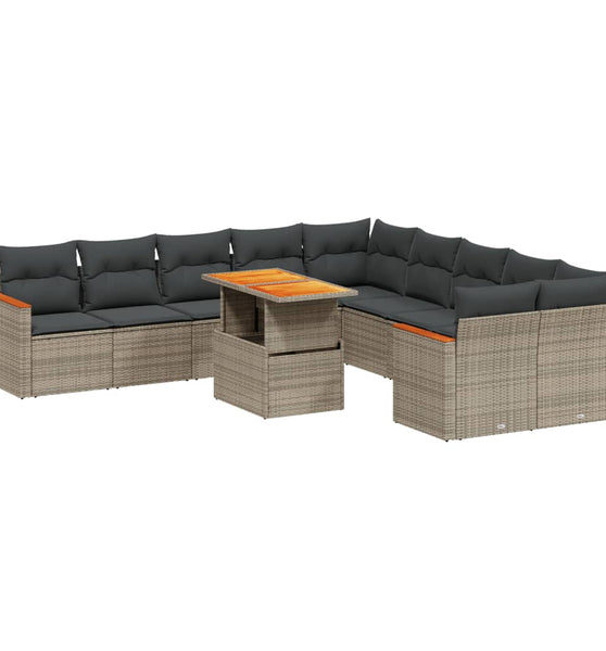 11-tlg. Garten-Sofagarnitur mit Kissen Grau Poly Rattan