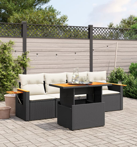 5-tlg. Garten-Sofagarnitur mit Kissen Schwarz Poly Rattan