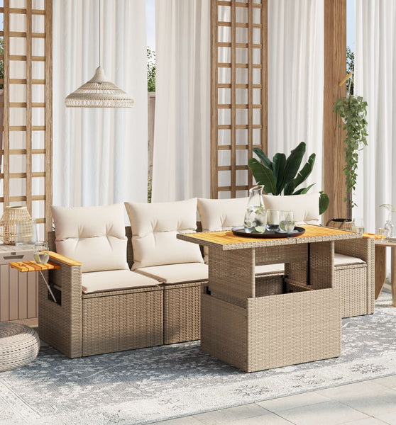 5-tlg. Garten-Sofagarnitur mit Kissen Beige Poly Rattan