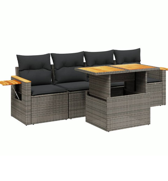 5-tlg. Garten-Sofagarnitur mit Kissen Grau Poly Rattan