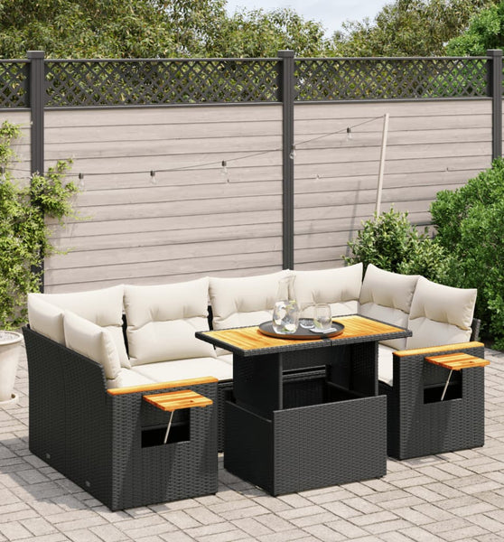 7-tlg. Garten-Sofagarnitur mit Kissen Schwarz Poly Rattan