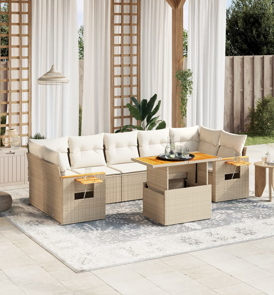 8-tlg. Garten-Sofagarnitur mit Kissen Beige Poly Rattan
