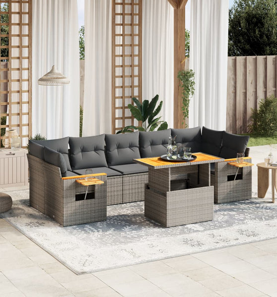 8-tlg. Garten-Sofagarnitur mit Kissen Grau Poly Rattan