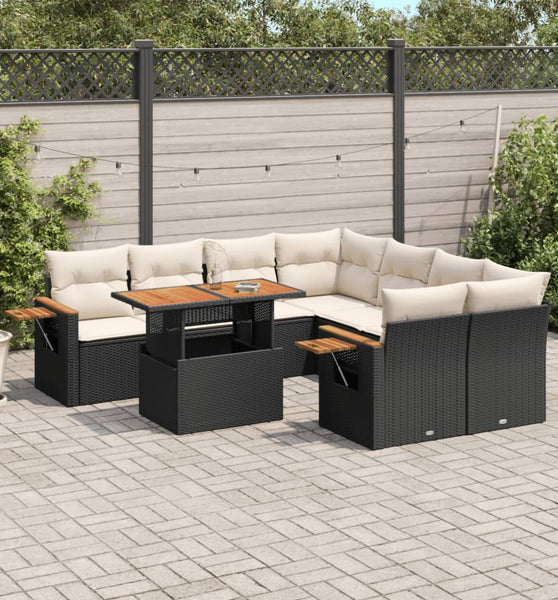 9-tlg. Garten-Sofagarnitur mit Kissen Schwarz Poly Rattan