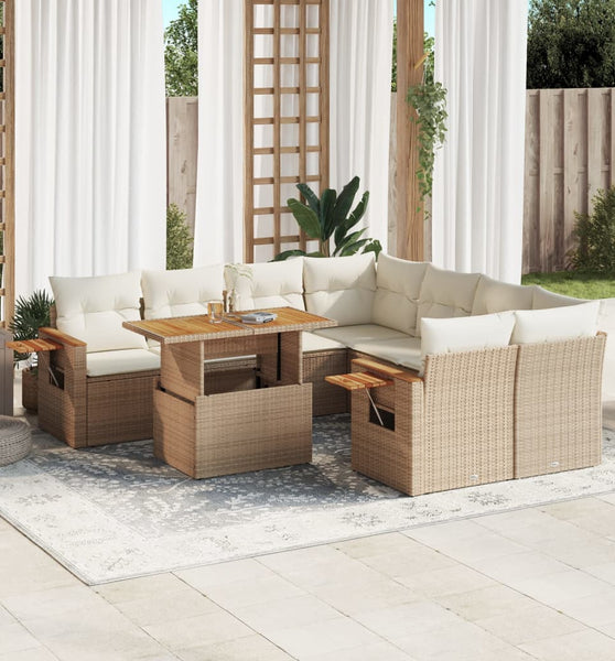 9-tlg. Garten-Sofagarnitur mit Kissen Beige Poly Rattan