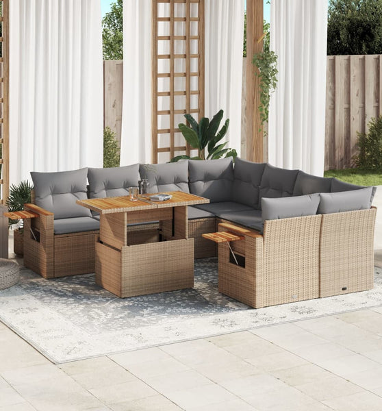 9-tlg. Garten-Sofagarnitur mit Kissen Beige Poly Rattan