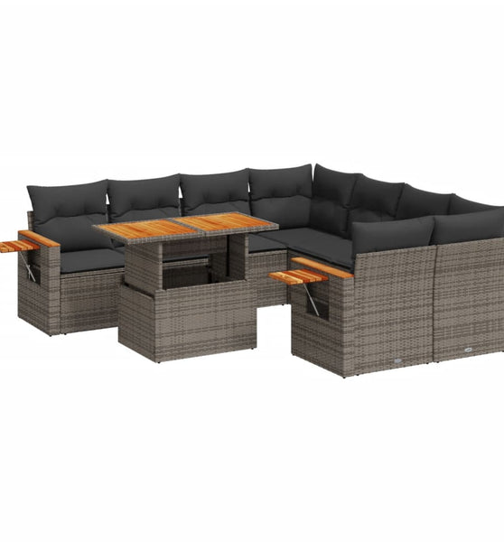 9-tlg. Garten-Sofagarnitur mit Kissen Grau Poly Rattan