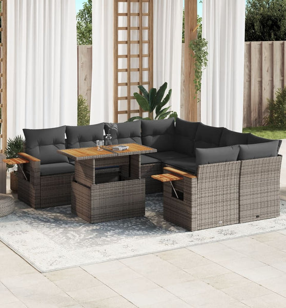 9-tlg. Garten-Sofagarnitur mit Kissen Grau Poly Rattan